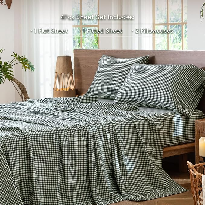 MooMee Gingham Sheet Set 100% Washed Cotton Linen Like Textured Breathable Soft w/Fully Elasticized 16-19" Deep Pocket (Mini Gingham Forest Green, Queen)