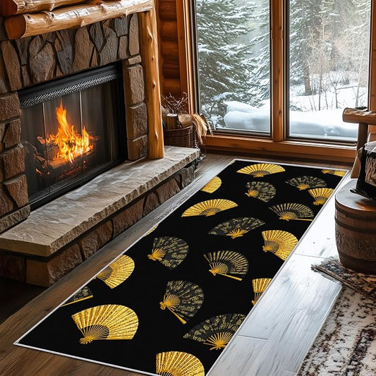 Oriental Fan Runner Rug 4x12, Black and Gold Vintage Asian Design, Japanese Style Area Rug, Washable Non-Slip Floor Carpet Runner for Bedroom, Dining Room, Living Room Aisle