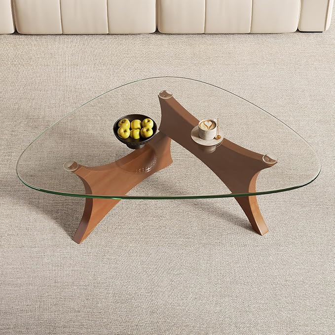 Glass Coffee Table Mid-Century Modern Coffee Table for Living Room Center Table Suitable for Bedroom Living Room Reception Office Tables（Walnut/Transparent，Large）