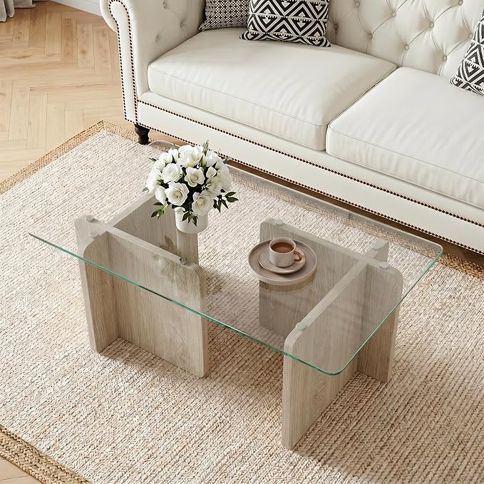 Modern Glass Coffee Table, 39.4 Inches Rectangular Center Tables for Living Room, Coffee Table with Wood Cross Base Easy Assembly Oak
