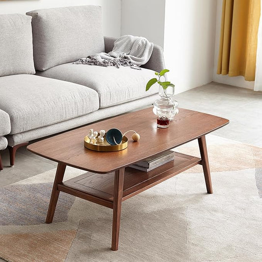 100% Solid Wood 2-Tier Coffee Table with Open Storage, Easy Assembly Center Table for Living Room, Walnut Finish with Side Table Function, Mid Century Modern Style (47.24" Solid Wood Table)