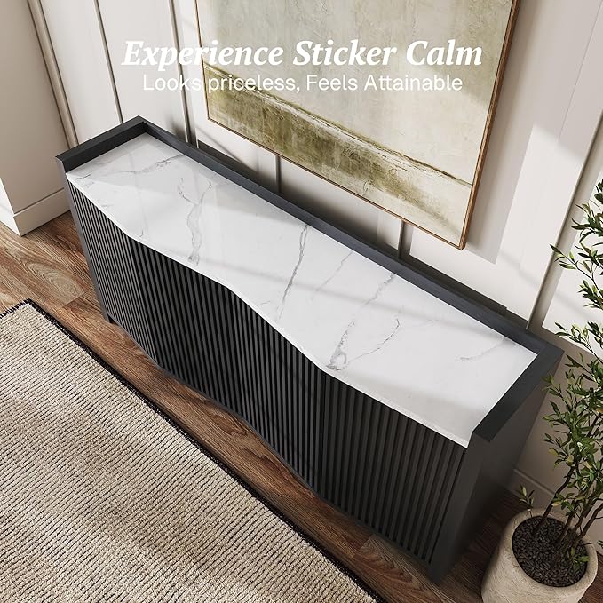 BELLEZE 66 Inch Sideboard Buffet Cabinet, Accent Modern Credenza Storage with Adjustable Shelves, Fluted Black Console Table with Faux Marble Panel for Kitchen, Dining Room, Entryway or Hallway