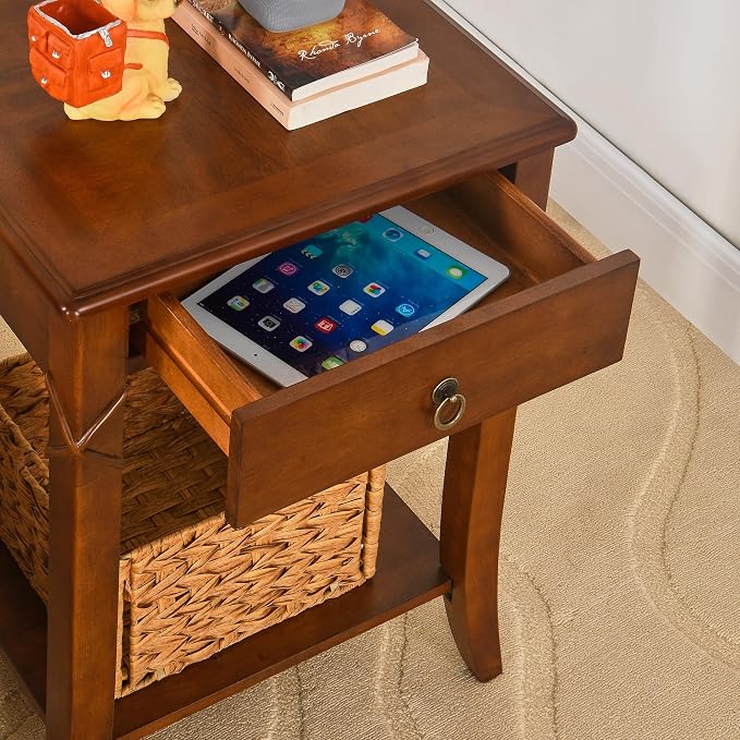 2-Set Solid Wood End Table with Drawer, Beside Table, Nightstand, Mid-Century Modern Funiture with Storage Shelf, 19.7" x 15.7" x 27.6" High Living Room Side Table with Wood Frame, Cherry GBJDR200