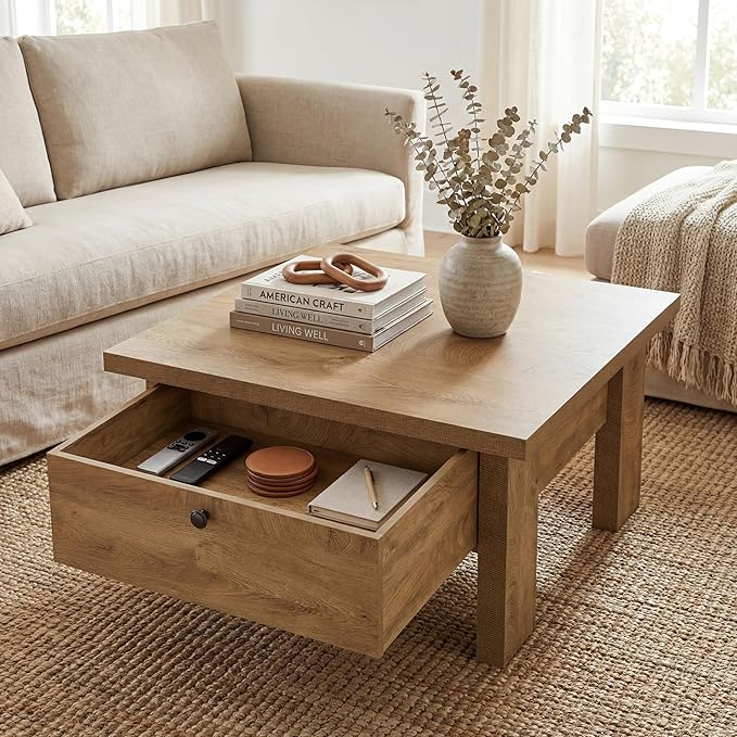 Tribesigns Coffee Table for Living Room, 31.5" Square Coffee Table with Storage for Small Spaces (Brown)