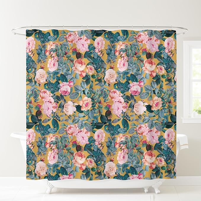 Yellow Pink Peonies Floral Print Shower Curtain - Pretty Flower Pattern - Modern Colorful Classic Design - Vintage Style Cool Fabric Shower Curtain For Any Bathroom - 72x72 Inches (Yellow Floral)