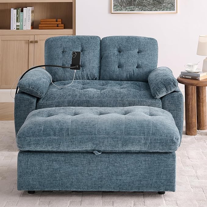 Oversized Chaise Lounge Chair Indoor, Double Convertible Recliner Reading Arm Sofa Chair W/Adjustable Backrest & Charging Port Couch Bed for Living Room, Home Theater & Bedroom, Blue