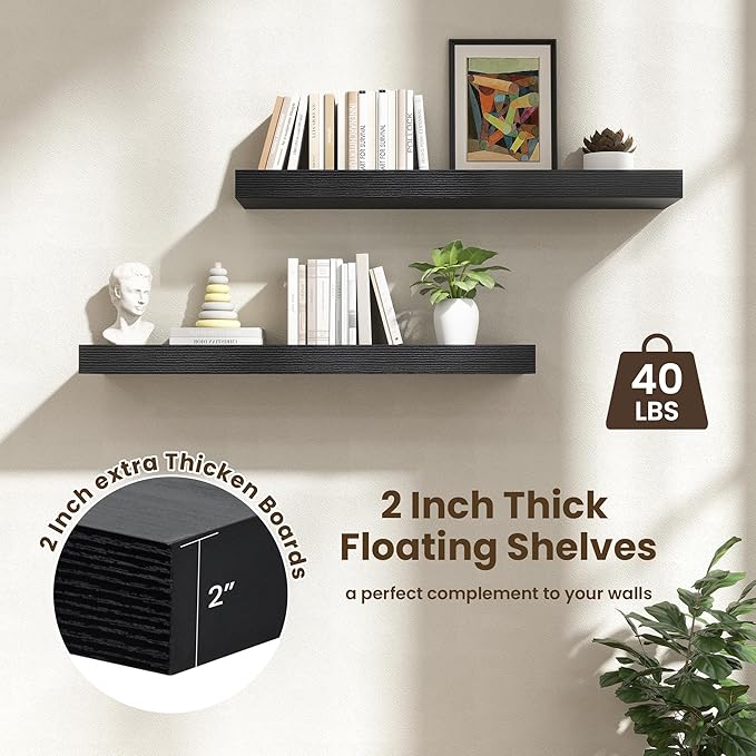 Deep Floating Shelves | 40 Inch Black Floating Shelves Set of 2 | 12 Inch Deep Wood Wall Shelves | 40" W x 12" D Black Shelves for Bathroom Living Room Kitchen Laundry Room