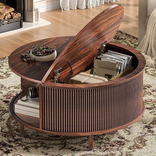 Round Coffee Table, 31.5" Fluted Center Table with Storage, Lift-Top Coffee Table with Adjustable Footpads, Sliding Door, Mid-Century Modern Center Table for Living Room, Small Space, (Walnut)