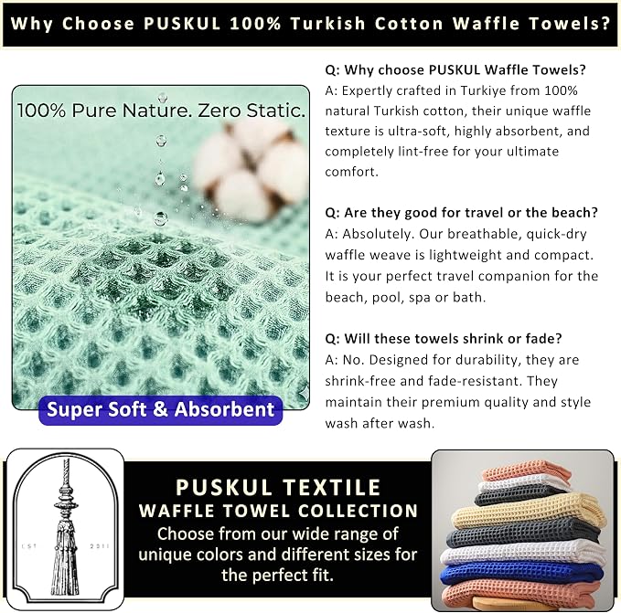 PÜSKÜL 4-Piece Natural 100% Turkish Cotton Luxury Waffle Towels for Bathroom | Premium Honeycomb Weave 2 Hand Towel & 2 Bath Towel Set | Soft Absorbent Quick-Dry Lightweight Towels (Beige)