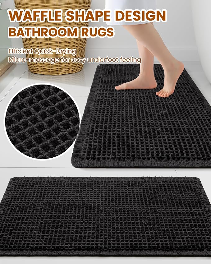 Smiry Waffle Bath Mat 30x20, Extra Soft Absorbent Bathroom Rugs, Non Slip Machine Washable Quick Dry Bath Rugs for Bathroom Floor, Tub, Shower, Home Decor Accessories, Black
