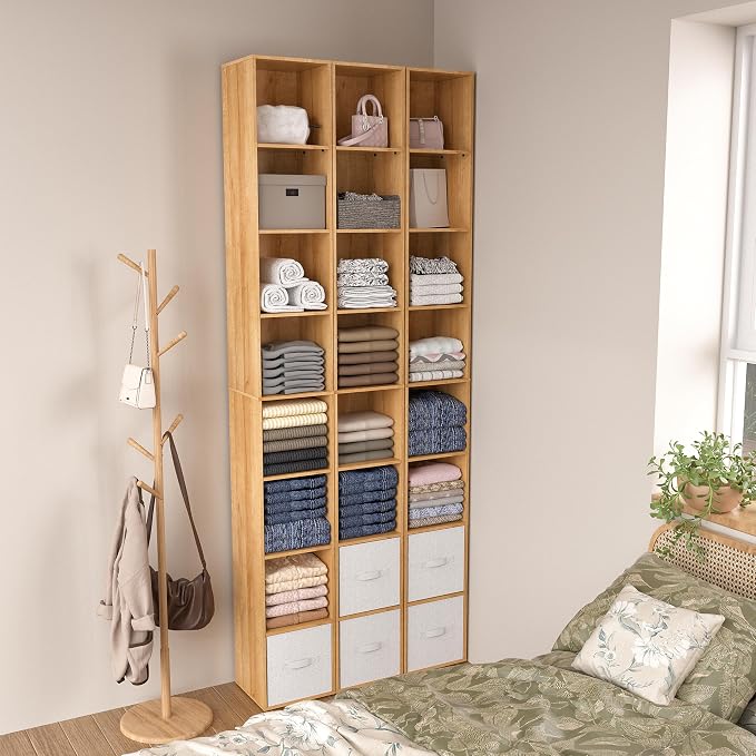 8-Cube Storage Organizer Bookcase, Oak Tall Narrow Bookshelf, Freestanding Open Cubby Storage Shelf, Display Cabinet for Living Room Bedroom Home Office