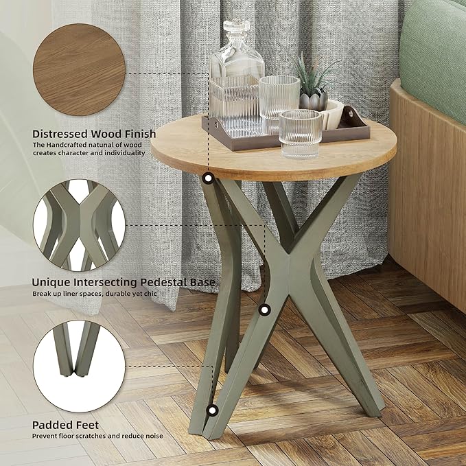 LONYKE Pedestal Farmhouse End Table, Distressed Top with Tripod Base Bedside Table for Living Room, Modern, Boho, Round, Sage Green
