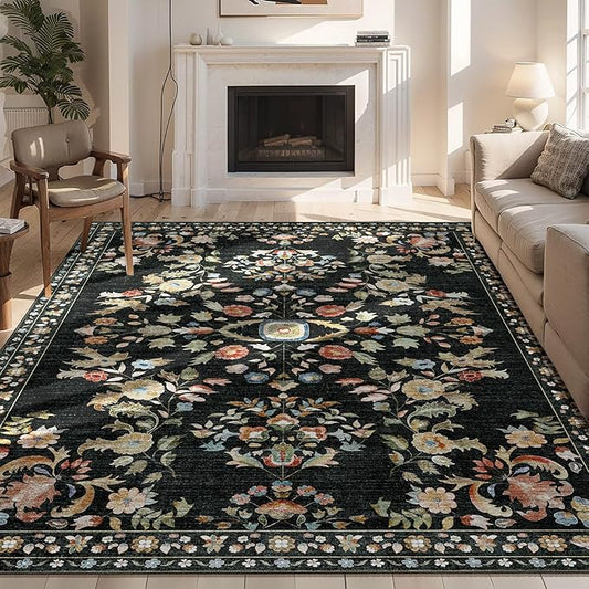 MUJOO Black Rug 6x9,Washable Floral Rugs for Living Room Bedroom Dining Room,Boho Indoor Floor Rug Large Non Slip Throw Carpet Low Pile Vintage