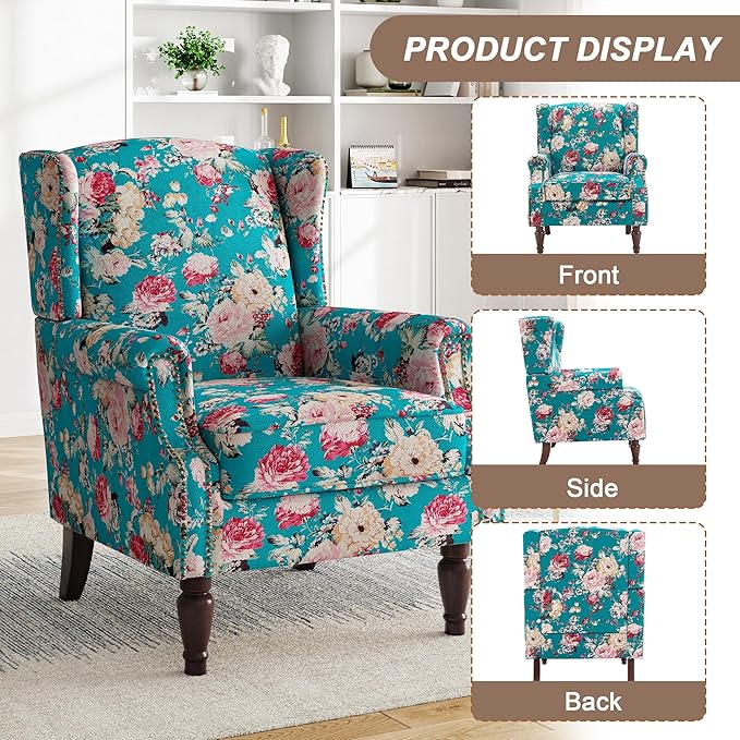 High Back Floral Accent Chair - Retro Wingback Upholstered Armchair with Nailhead Trim, Solid Wood Legs, Fabric Living Room Bedroom Reading Chair (Peacock Blue)