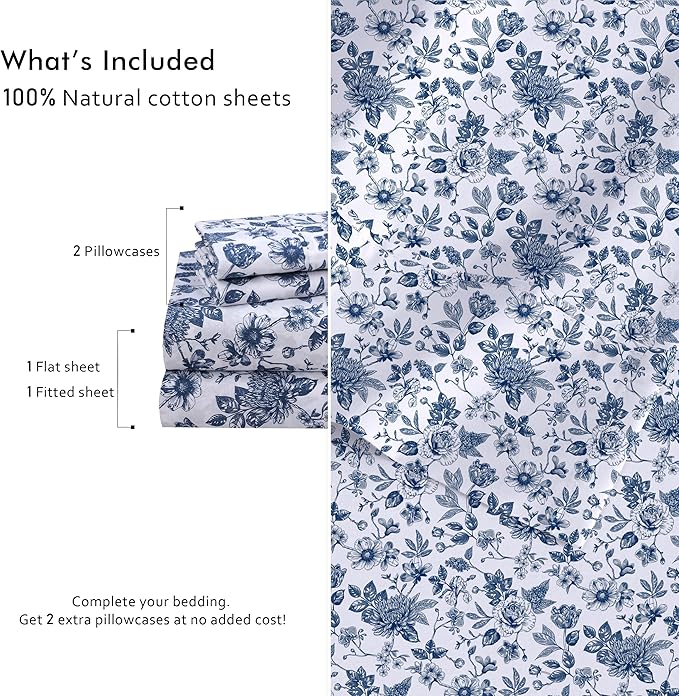 RUVANTI 4 Pcs Cotton Sheets - 100% Natural Cotton Soft, Lightweight & Breathable Crispy Percale Bed Sheets, Twin XL Sheet Sets 16" Deep Pockets, Wild Flower