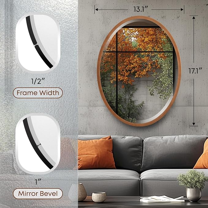 OVALCREST - Oval Wooden Beveled Wall Mirror for Home Decor, Bathroom, Vanity, Bedroom, Living Room, Hallway - London Style (Sunset Gold) 17.1 x 13.1