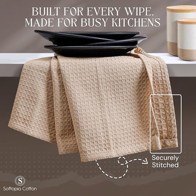 Beige Kitchen Dish Towels Set of 4-100% Cotton Waffle Weave, Super Absorbent, Soft, Quick Drying, 16x26 Inches, Ideal for Cleaning, Bar, Tea, and Everyday Use, Tan