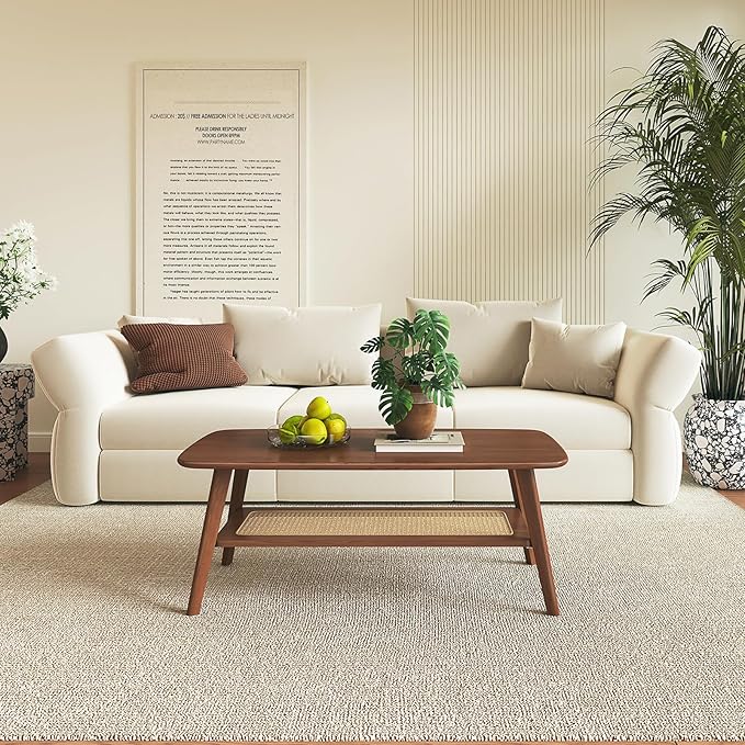 Coffee Table Small Solid Wood Center Table Mid Century Vintage Living Room Coffee Table, Walnut Rattan 39.37 Inch