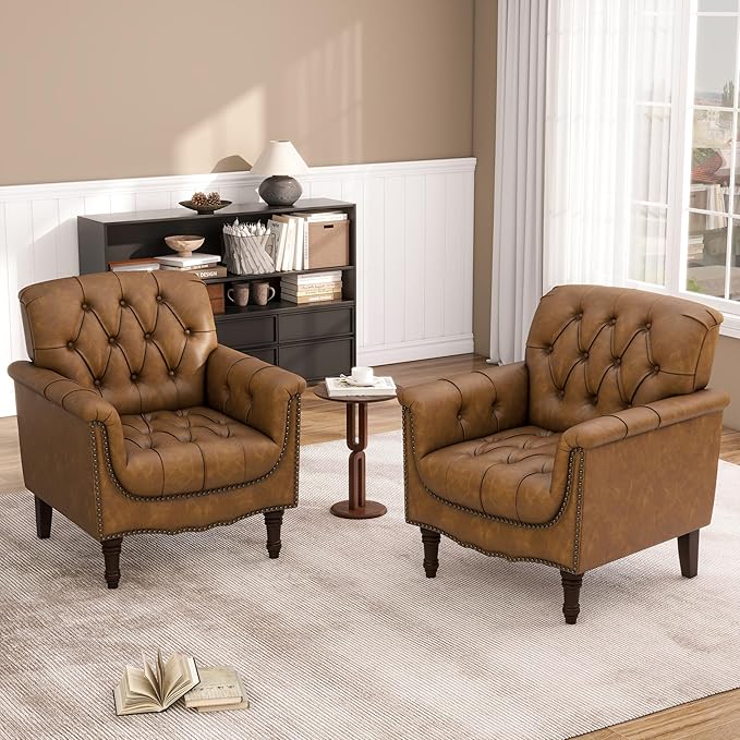 Lumibee Faux Leather Accent Chairs Set of 4, Upholstered Armchairs with Nailhead Trims & Wood Legs for Living Room, Bedroom, Contemporary Comfy Club Chairs for Office-Camel