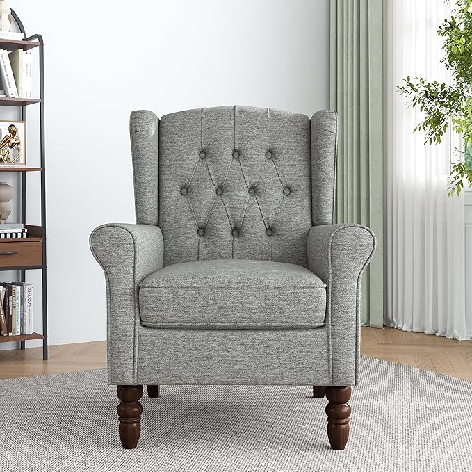 Accent Chair, High Back Upholstered Chair with Button Tufted, Mid-Century Modern Comfy Wingback Chair Reading Armchair in Fabric for Living Room for Bedroom, Office-Light Gray