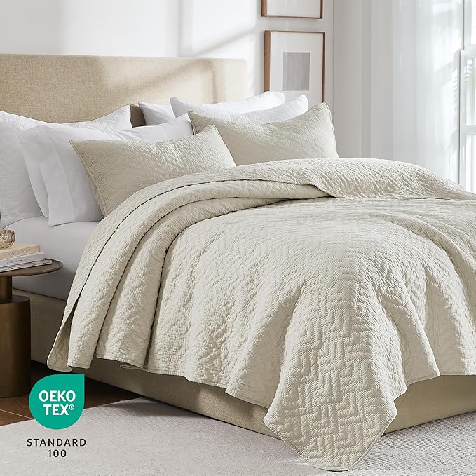 palassio Beige 100% Cotton Quilt Queen Size Bedding Sets with 2 Pillow Shams, Lightweight Textured Farmhouse Country Bedspread Soft Shabby Chic Patterned Coverlet for All Season, 3 Pieces