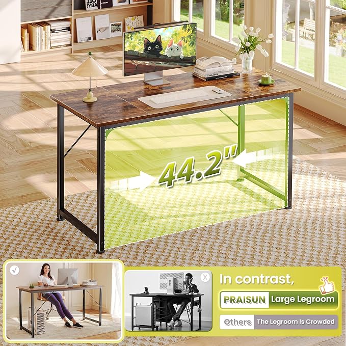 PRAISUN 47 Inch Computer Desk, Home Office Desk with Spacious Desktop, Modern Gaming Desk, Writing Study Table for Bedroom, Small Spaces, Work from Home Desk with Metal Frame, Rusitc Brown