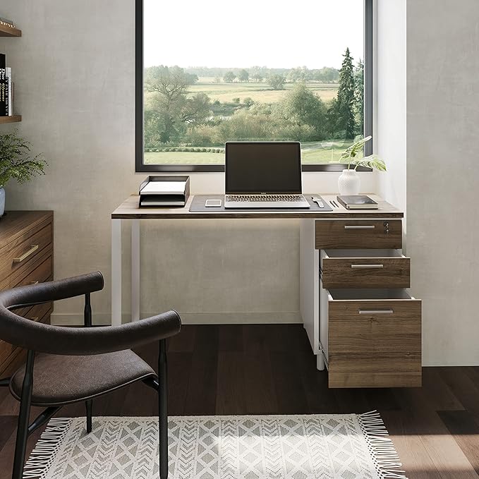 Modern Design Milano Office Desk with 3 Locking Drawers, 48 Inch White and Walnut Industrial Wood Desk with Filing Drawer and Storage, by Crafts and Comfort