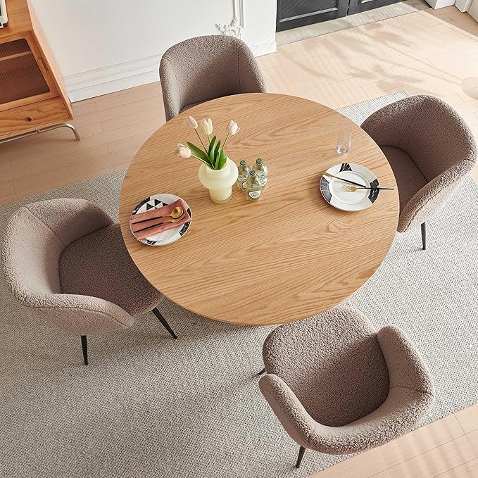 5 Piece Modern Round Dining Table and 4 Brown Barrel Kitchen Chairs Set, 47" Kitchen Coffee Table Wooden with Oak Veneer Tabletop, Faux Fur Sherpa Round Dining Chairs Table Set, Metal Frame