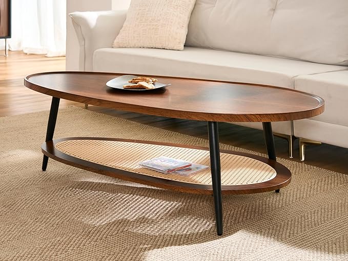 Shrine Oval Wood and Rattan Coffee Table, Mid-Century Modern Coffee Table, Two-Tier Brown Walnut Table for Living Room, D47.2''x W25''x H15.3'', Walnut Wood Top and Woven Rattan Base