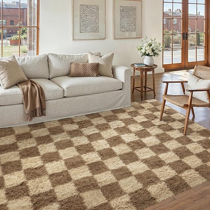 Checkered Rug 4x6 for Living Room, Brown Modern Shag Rug Super Soft Washable Fluffy Rugs Indoor Fuzzy Carpet for Bedroom Home Dorm Aesthetic Decor