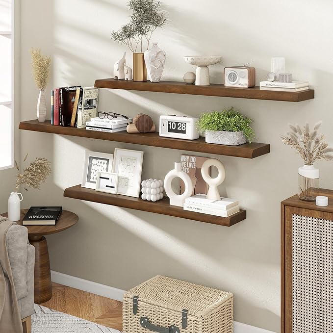 RICHFOCUS Live Edge Wood Floating Shelves for Wall 48" Natural Solid Wood Wall Mounted Shelf|8 Inch Deep Wooden Floating Shelves with Invisible Bracket for Bathroom Kitchen Room|1Pcs, Walnut