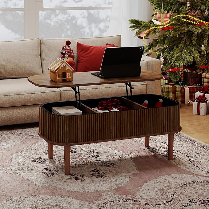 Fluted Lift Top Coffee Table with Hidden Storage, Oval Coffee Table with Lifting Top, Mid Century Modern Design for Living Room, Office & Small Spaces(Walnut)