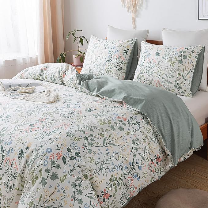 HoneiLife King Size 100% Cotton Floral Breathable Duvet Cover with Zipper Closure & Corner Ties,3pcs Wildflower Comforter Cover Sets- Fragrant Grass