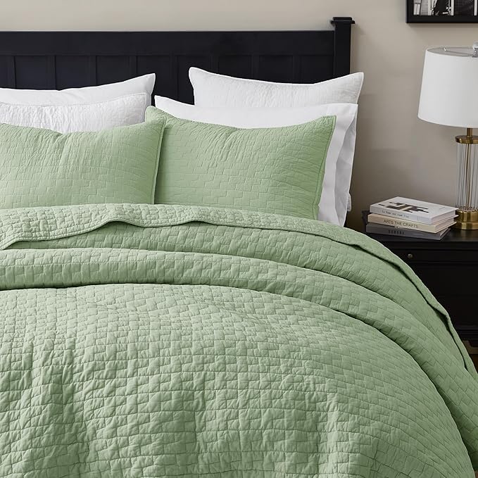 palassio Sage Green 100% Cotton Quilt Twin Size Bedding Sets with 1 Pillow Sham, Textured Lightweight Soft Bedspread Shabby Chic Coverlet, Quilted Thin Comforter Bed Cover for All Season, 2 Pieces