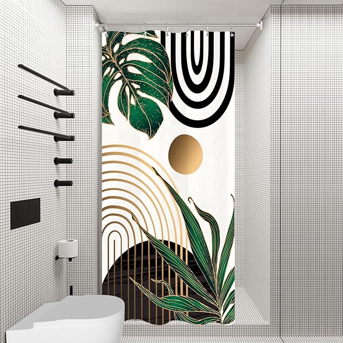 Miyotaa Stall Emerald Green Shower Curtain Set 36Wx71H Inches Abstract Small Half Minimalist Modern Tropical Leaves Geometric Aesthetic Contemporary Waterproof Bathroom Curtain with 12 Hooks