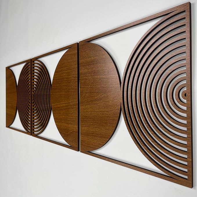 Geometric Wood Wall Art Large, Mid-Century Modern Wall Decor, Circular Panels for Bedroom or Living Room, Rustic Boho Wood Wall Accent #59