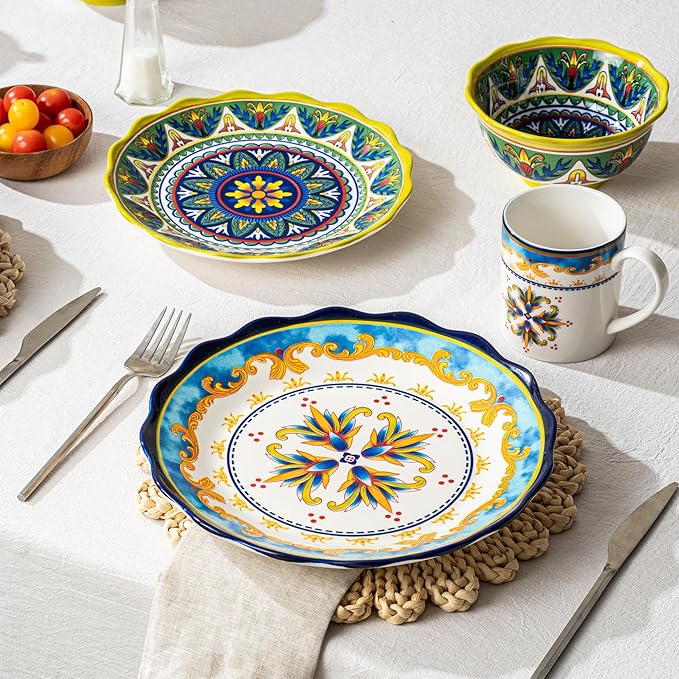 UNICASA Ceramic Dessert Plate Set of 4, 9 Inch Snack Plates with Scalloped Edges – Serving Dishes for Salad, Cake, Cheese, Vibrant Boho Decoration, Microwave & Dishwasher Safe