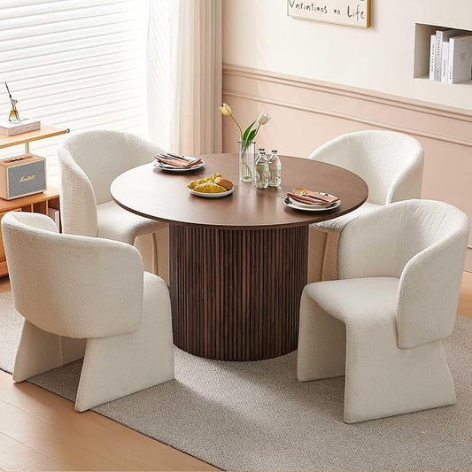 NORDICANA 5-Piece Round Dining Table Set for 4, Rustic 47-Inch Kitchen Table and Chair Set, Dining Set with Off White Upholstered Armchairs, Manufactured Wood Top with Walnut Veneer