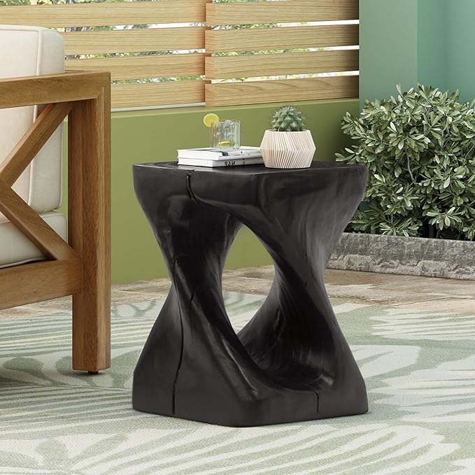 ø11.75'' Small Side Table End Table for Living Room, Modern Retro Farmhouse Countryside Style, Magnesium Oxide Material for Indoor & Outdoor, No Assembly, Wood Grain, Black