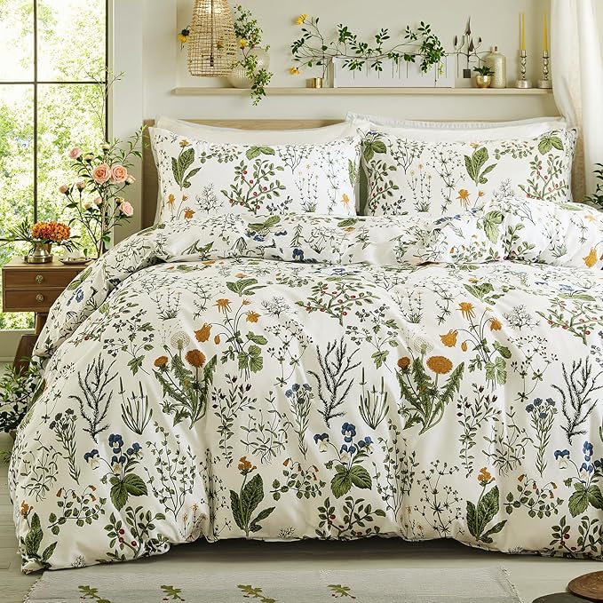 Duvet Cover King Size - 100% Cotton Reversible Floral King Duvet Cover Set with Zipper Closure, 3 Pieces Soft & Breathable Green Bedding Set for All Seasons