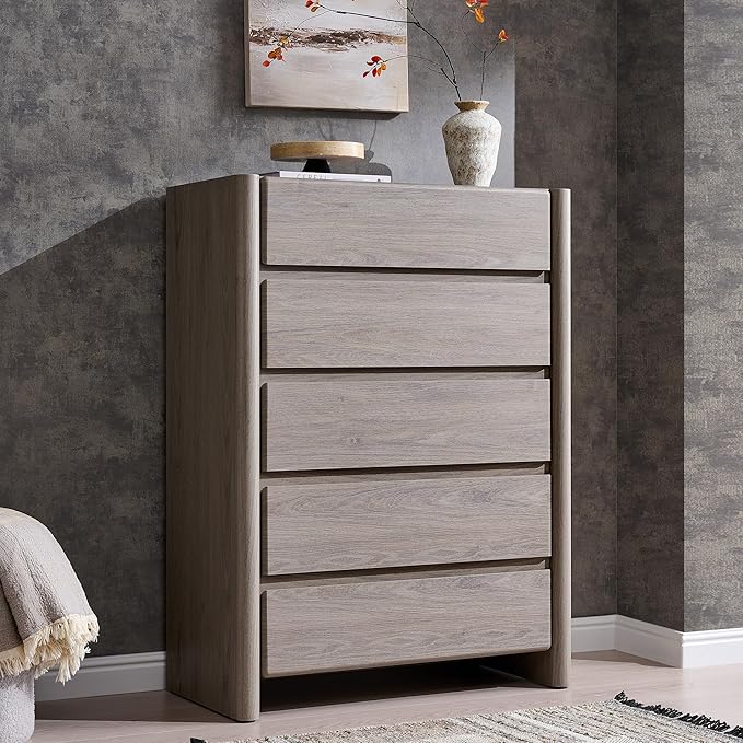 Modern 5 Drawers Dresser for Bedroom, 43" Tall Dresser & Chests of Drawers w/Rounded Corner, Wood Handleless Dresser w/Large Storage & Natural Texture for Bedroom, Living Room-Light Grey