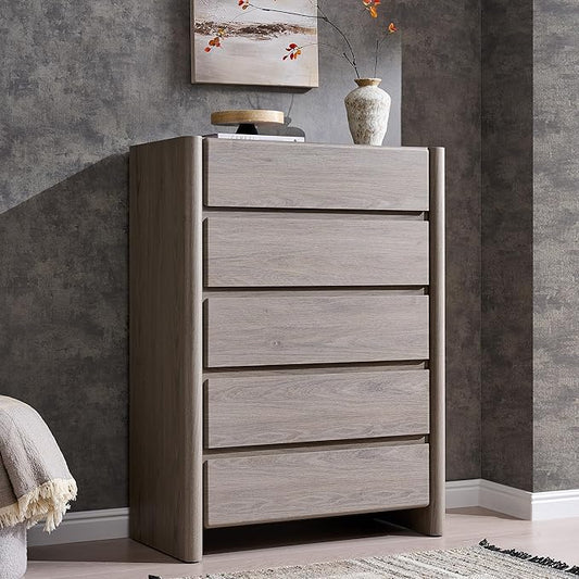 Modern 5 Drawers Dresser for Bedroom, 43" Tall Dresser & Chests of Drawers w/Rounded Corner, Wood Handleless Dresser w/Large Storage & Natural Texture for Bedroom, Living Room-Light Grey