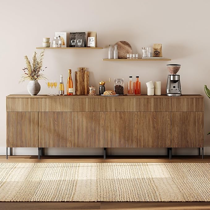 WAMPAT 94.5" Large Sideboard Buffet Cabinet with 4 Drawers & 5 Doors, 4-in-1 Fluted Storage Cabinet with Charging Station, Modern Buffet Table Coffee Bar Wine Bar Cabinet for Dining Room,Brown