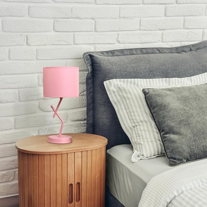 Simple Designs LT1172-PNK 17.13" Metal and Modern Abstract Table Lamp with Drum Fabric Shade, Bedroom, Office, Living Room, Dorm, Side Table, Pink