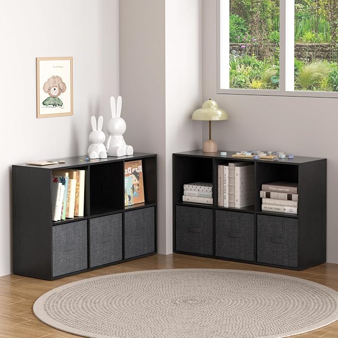 Wooden 6 Cube Storage Organizer with Closed Back Panel,White Cube Shelf Cubby Storage Organizer with Compartments for Living,Bookshelf, Easy to Install (Black, 6 Cube-13in)