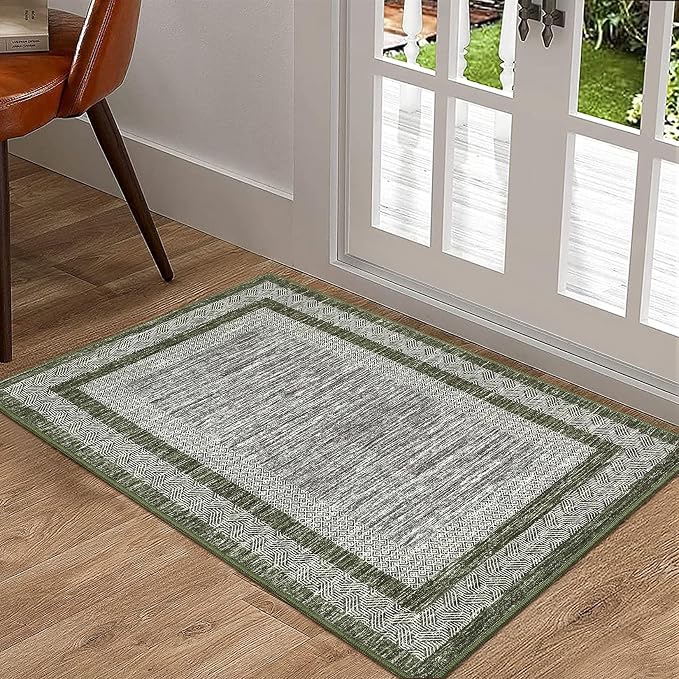 GarveeHome Modern Geometric Area Rug 2x3 Distressed Bordered Washable Non Slip Floor Small Carpet Non Shedding Thin Soft Low Pile Rug, Contemporary Green Rug for Dining Room, Living Room