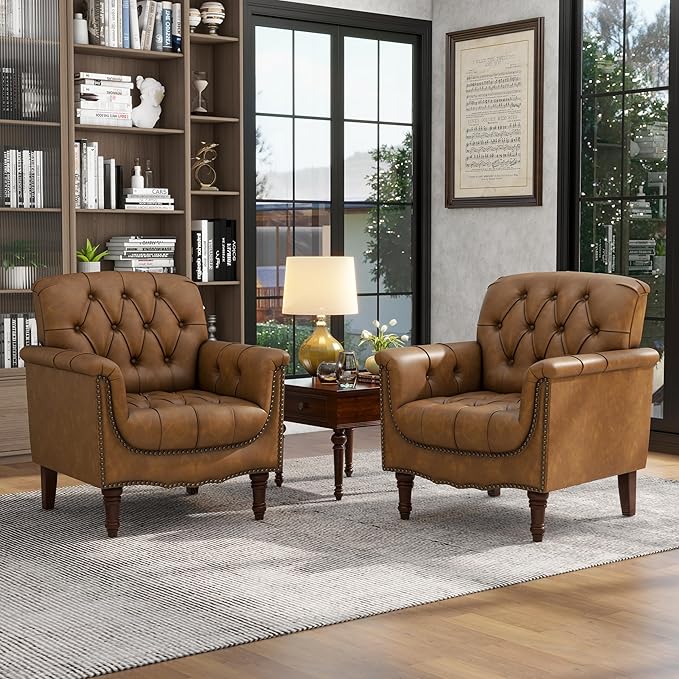 Lumibee Faux Leather Accent Chairs Set of 2, Contemporary Armchairs with Nailhead Trims & Wood Legs for Living Room, Upholstered Comfy Arm Chairs for Office,Bedroom-Camel