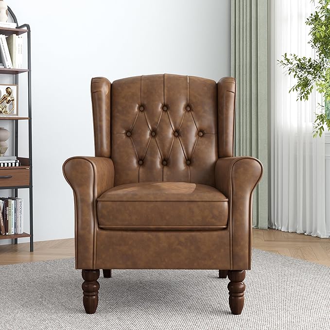 Faux Leather Accent Chair, High Back Upholstered Chair with Button Tufted, Mid-Century Modern Comfy Wingback Chair Reading Armchair for Living Room for Bedroom, Office-P Brown