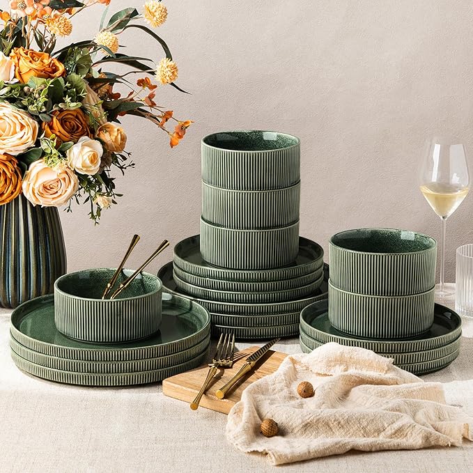 GBHOME 24-Piece Stoneware Dinnerware Set for 8 – Ribbed Ceramic Plates and Bowls, Scratch-Resistant, Microwave & Dishwasher Safe, Reactive Glaze, Dark Green