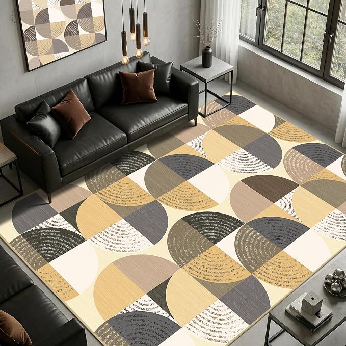 Merelax 6x9 Geometric Rugs for Living Room - Washable Non-Slip Large Bedroom Rug, Indoor Floor Carpet Low Pile Soft Area Rug for Dining Room, Mudroom, Modern Aesthetic Geometric Decor, Light Tan